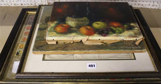 2 maps & 2 oil paintings